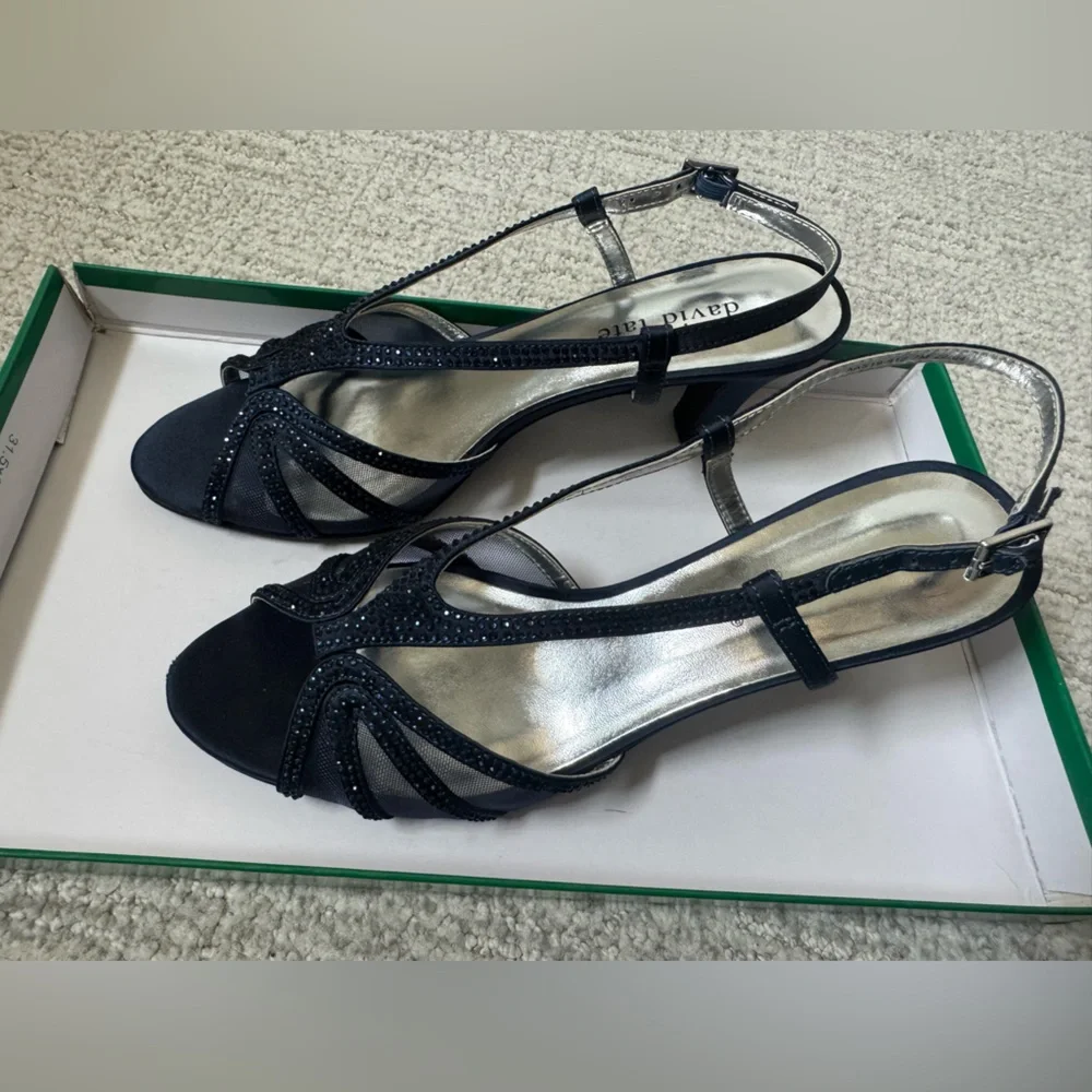 David Tate Navy Satin Open-Toe Crystal Slingback Heels - Picture 8 of 10
